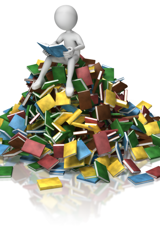 Figure Reading on top of pile of books