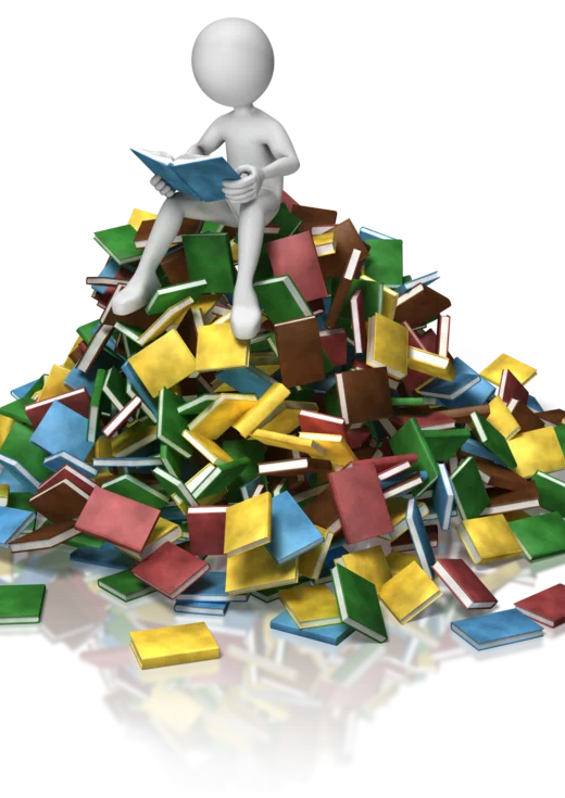 Figure Reading on top of pile of books